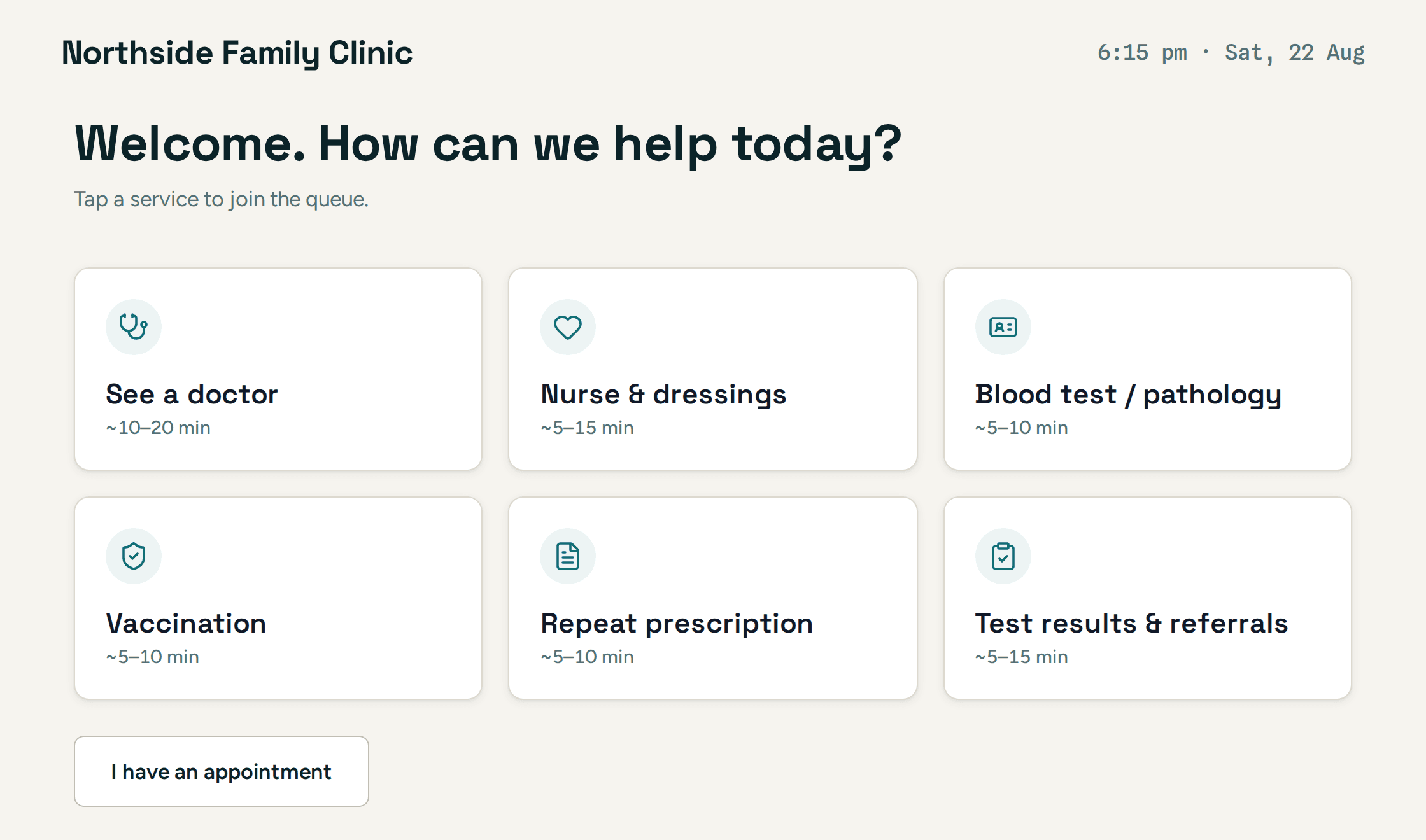 Clinic kiosk showing six services a patient can choose from